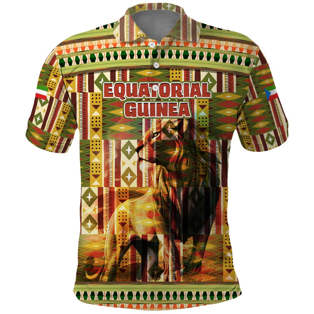 Equatorial Guinea Polo Shirt with Lion Print and Traditional African Kente Patterns TS04