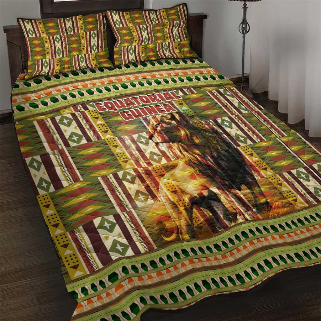 Equatorial Guinea Quilt Bed Set - Lion Print and Traditional African Kente Patterns TS04