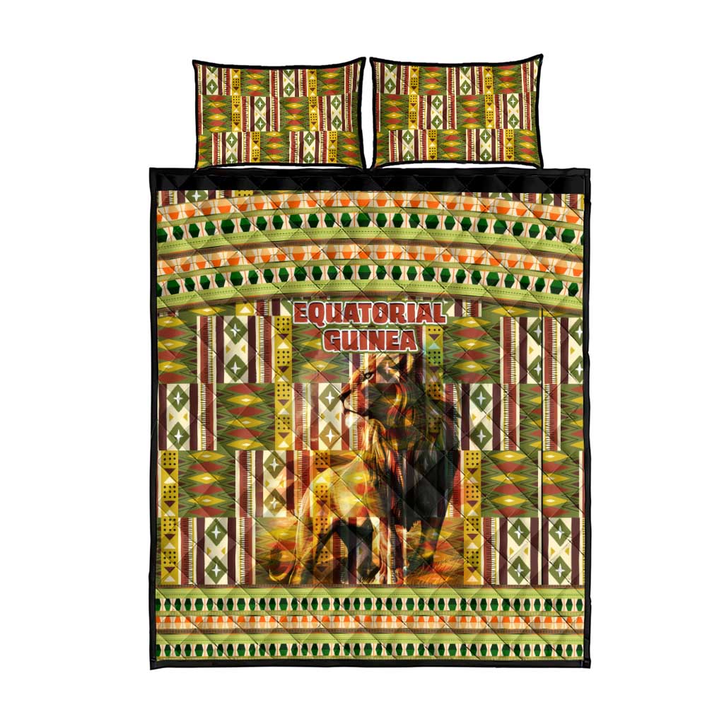Equatorial Guinea Quilt Bed Set - Lion Print and Traditional African Kente Patterns TS04