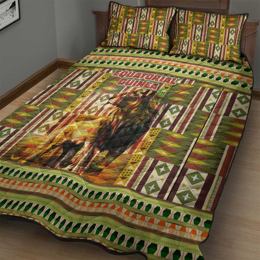Equatorial Guinea Quilt Bed Set - Lion Print and Traditional African Kente Patterns TS04