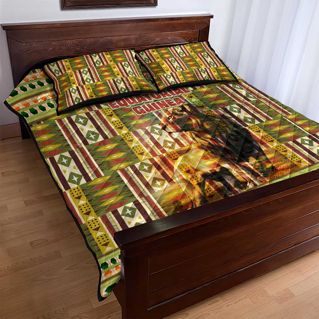 Equatorial Guinea Quilt Bed Set - Lion Print and Traditional African Kente Patterns TS04