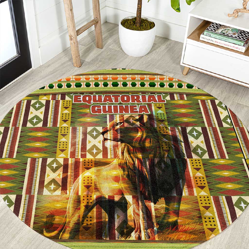 Equatorial Guinea Round Carpet - Lion Print and Traditional African Kente Patterns TS04