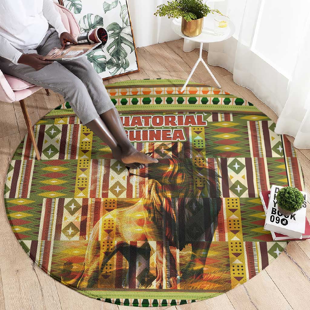 Equatorial Guinea Round Carpet - Lion Print and Traditional African Kente Patterns TS04