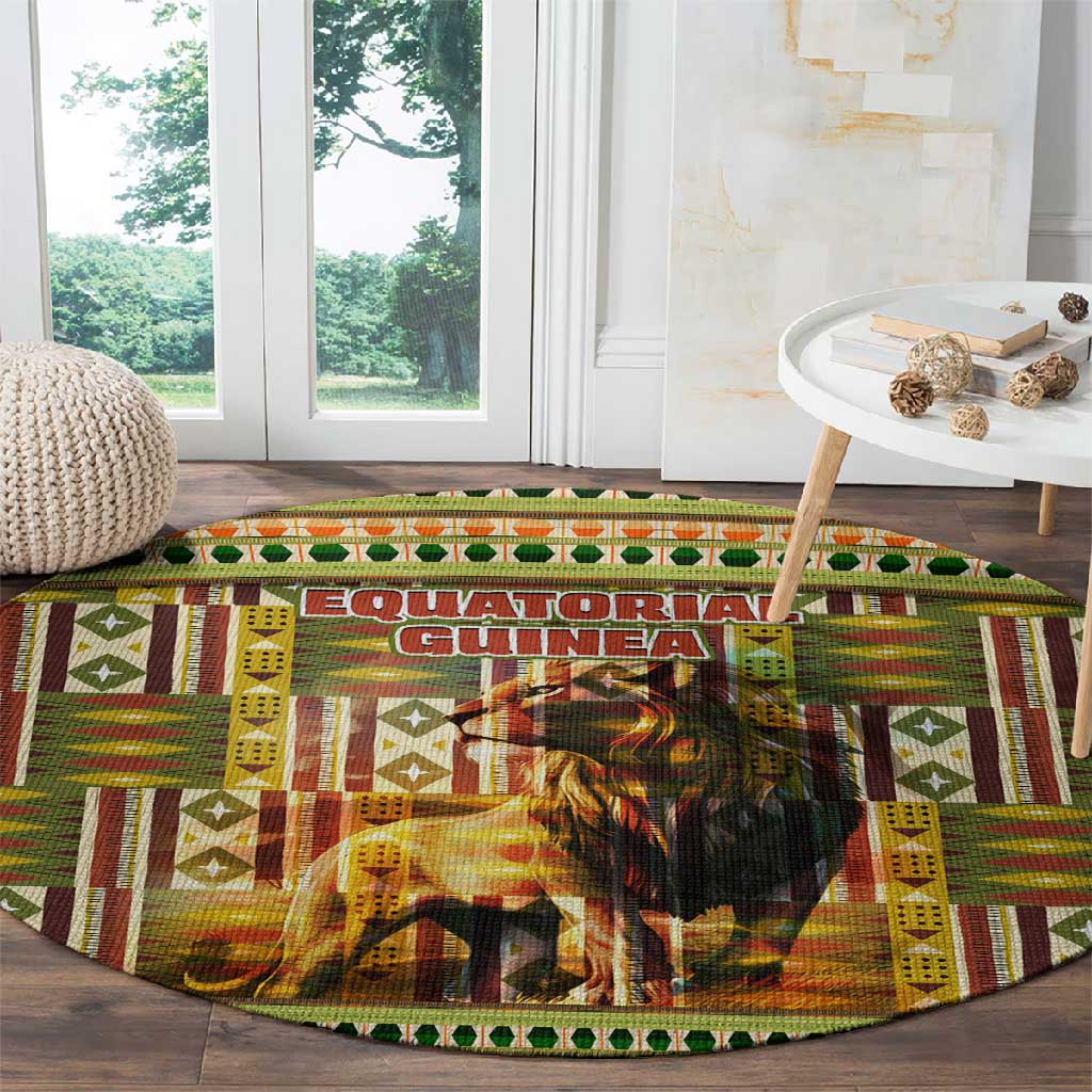 Equatorial Guinea Round Carpet - Lion Print and Traditional African Kente Patterns TS04