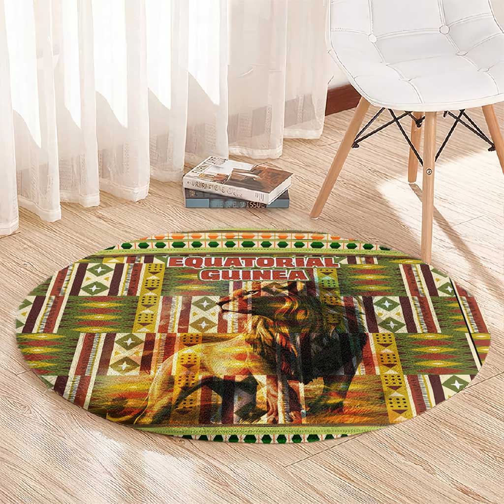 Equatorial Guinea Round Carpet - Lion Print and Traditional African Kente Patterns TS04