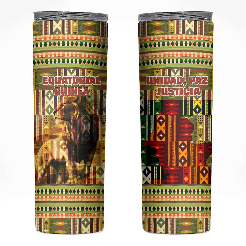 Equatorial Guinea Skinny Tumbler - Lion Print and Traditional African Kente Patterns TS04