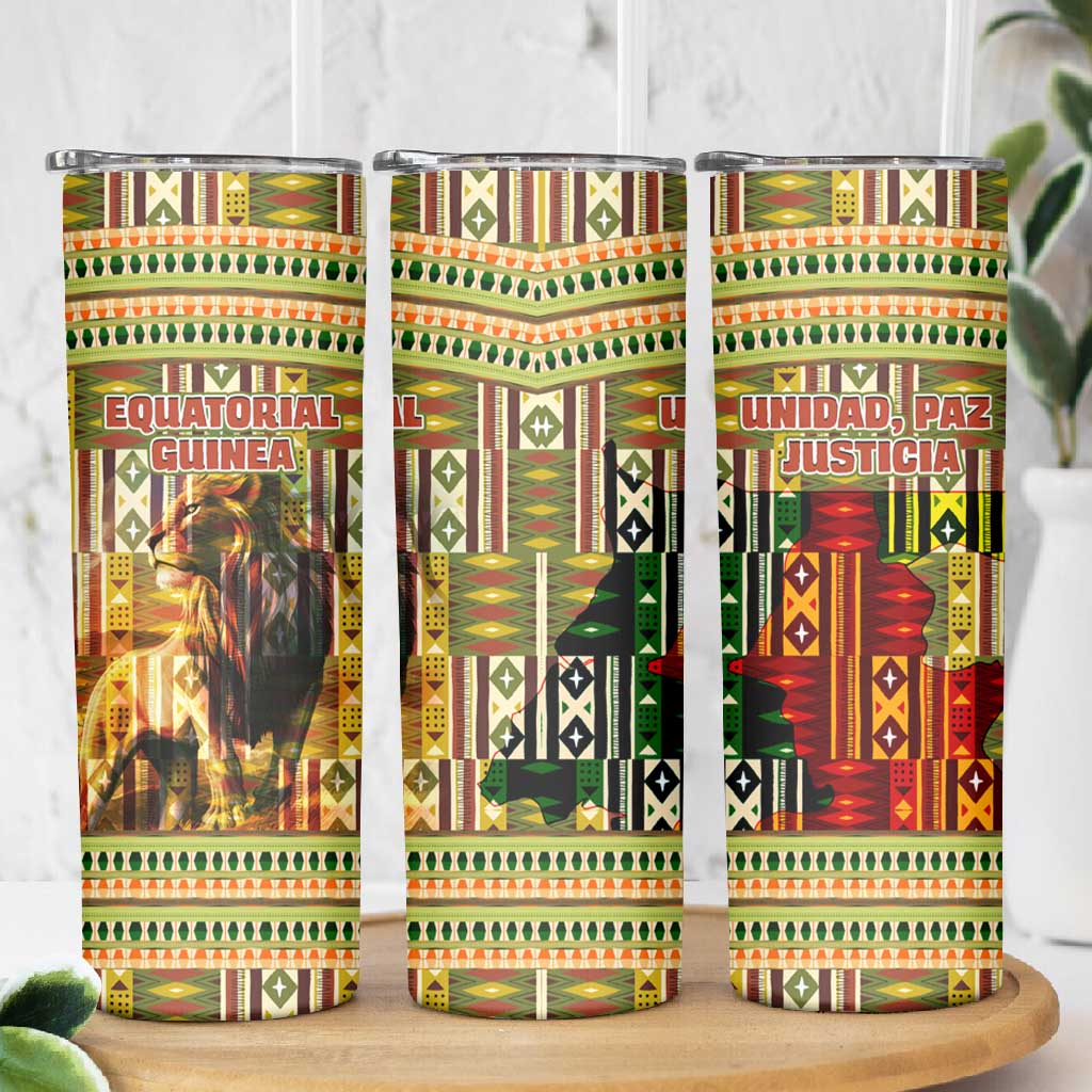 Equatorial Guinea Skinny Tumbler - Lion Print and Traditional African Kente Patterns TS04
