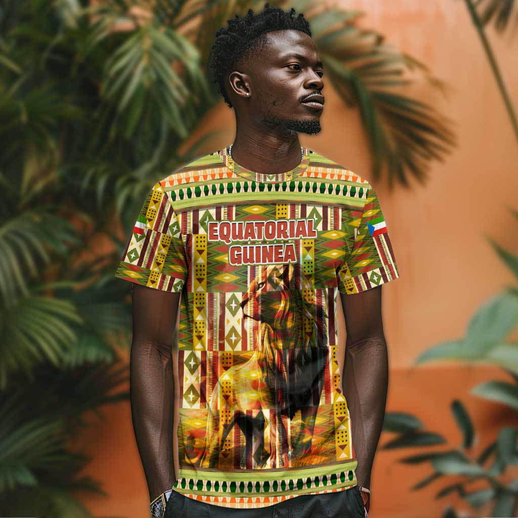 Equatorial Guinea T shirt - Lion Print and Traditional African Kente Patterns TS04