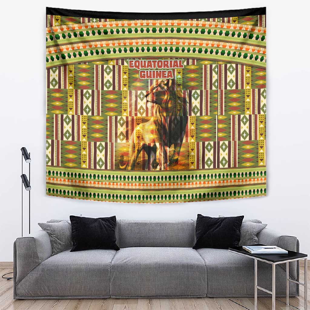 Equatorial Guinea Tapestry - Lion Print and Traditional African Kente Patterns TS04