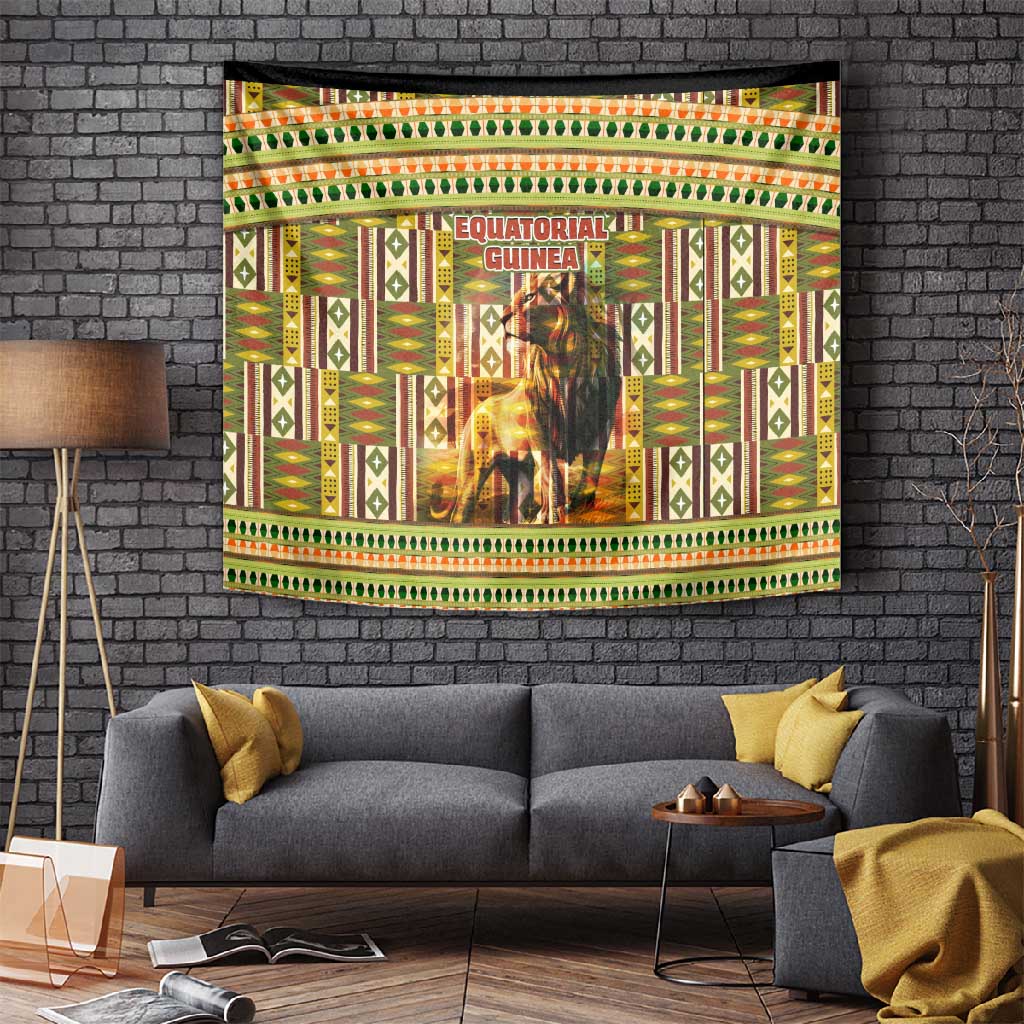 Equatorial Guinea Tapestry - Lion Print and Traditional African Kente Patterns TS04