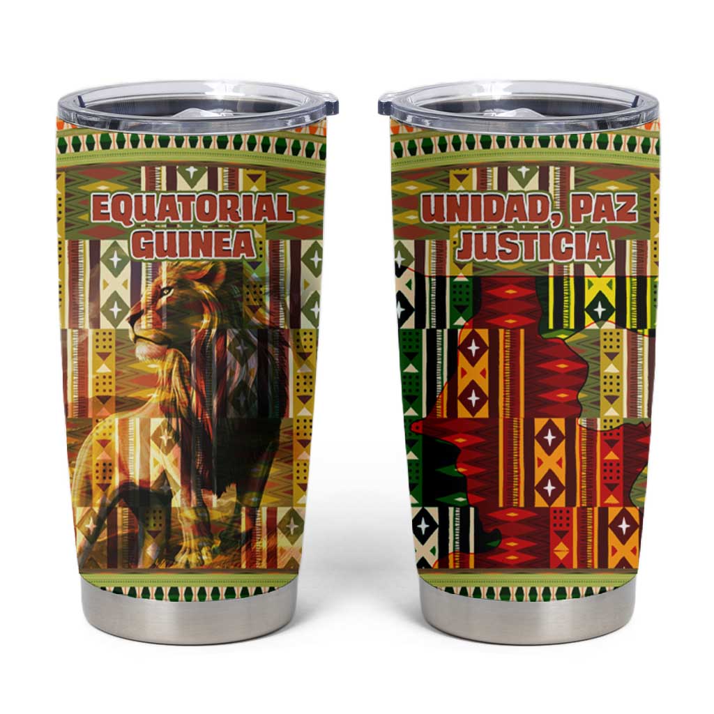 Equatorial Guinea Tumbler Cup - Lion Print and Traditional African Kente Patterns TS04