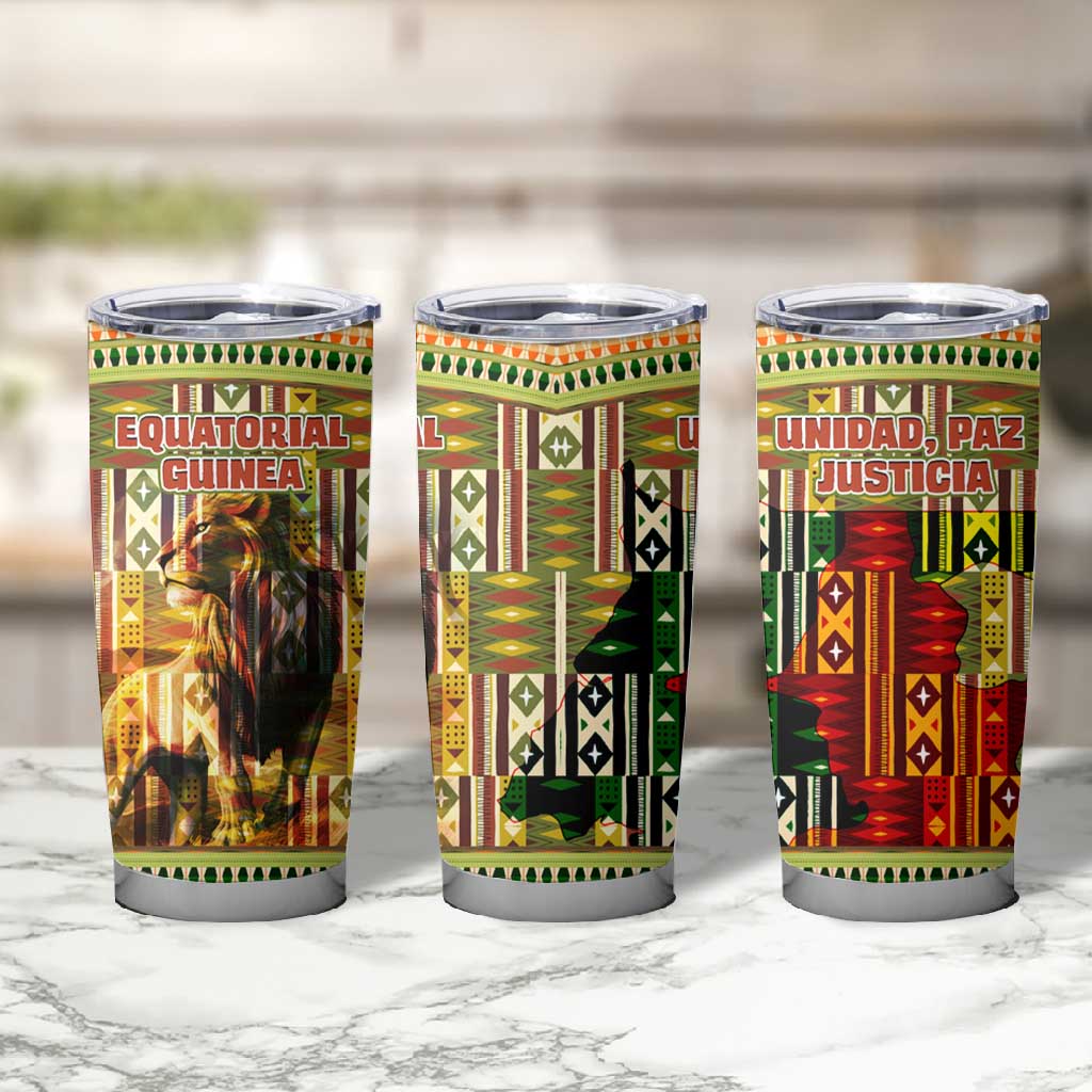 Equatorial Guinea Tumbler Cup - Lion Print and Traditional African Kente Patterns TS04