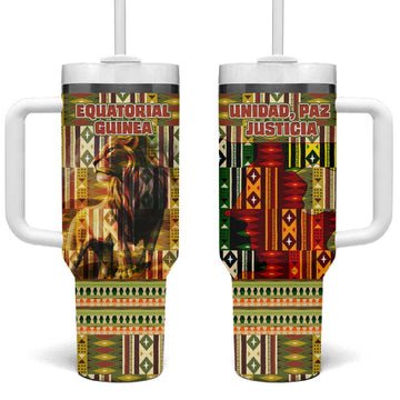 Equatorial Guinea Tumbler With Handle - Lion Print and Traditional African Kente Patterns TS04
