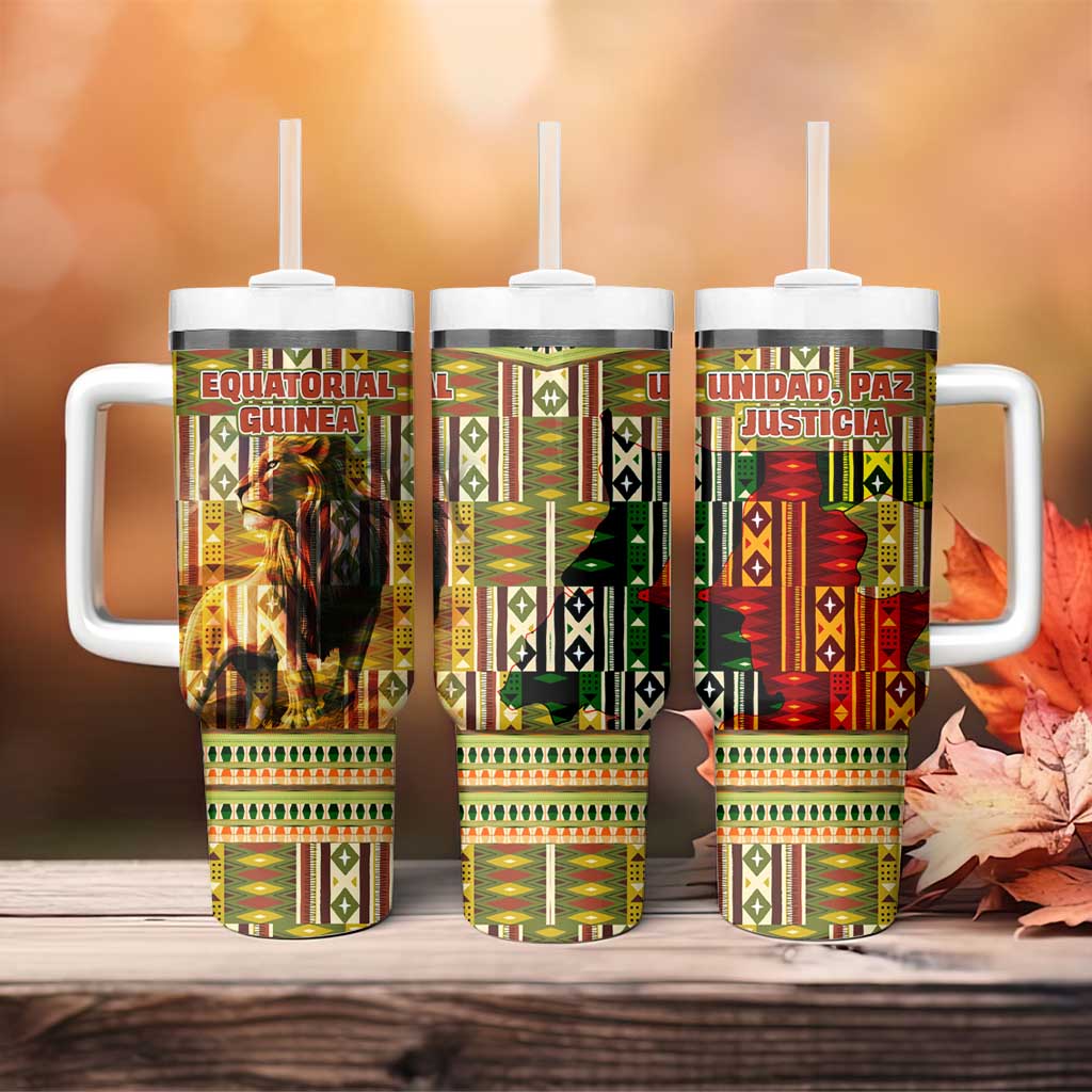 Equatorial Guinea Tumbler With Handle - Lion Print and Traditional African Kente Patterns TS04