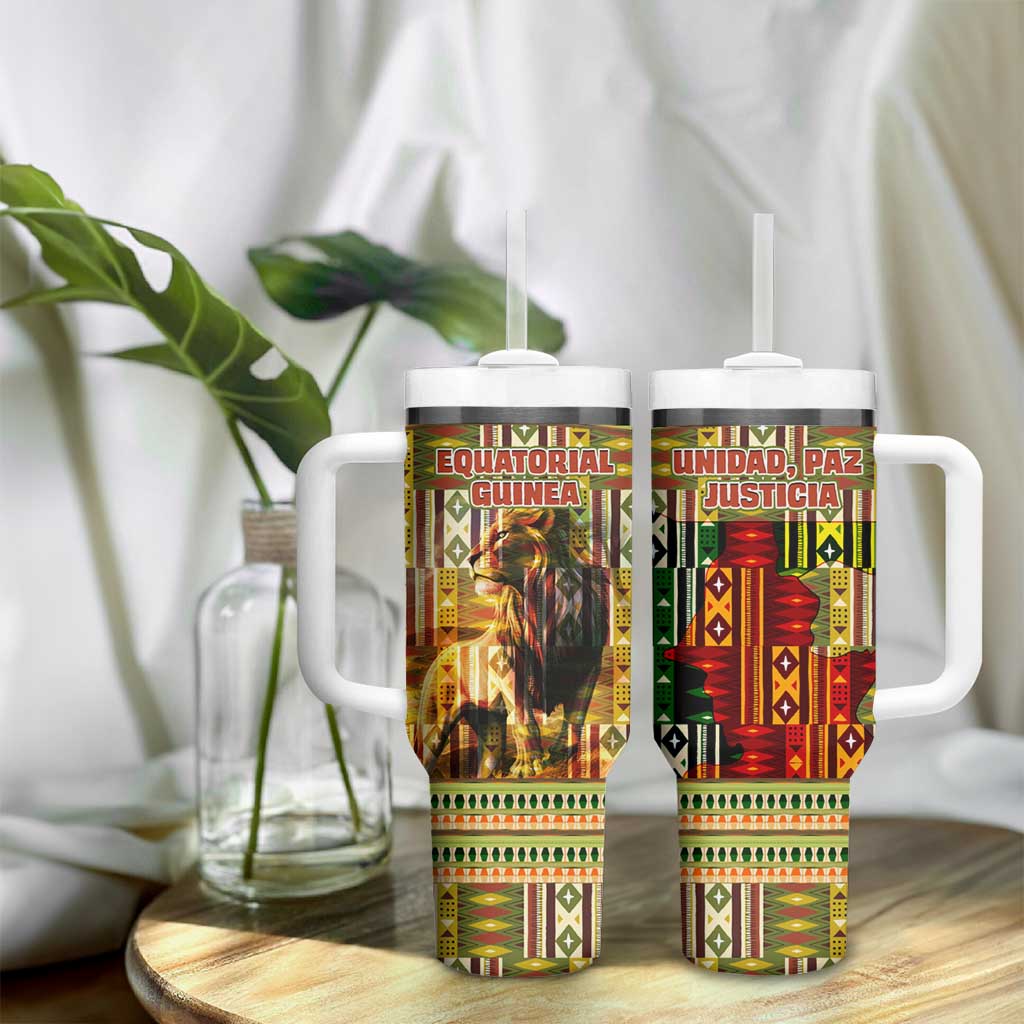 Equatorial Guinea Tumbler With Handle - Lion Print and Traditional African Kente Patterns TS04