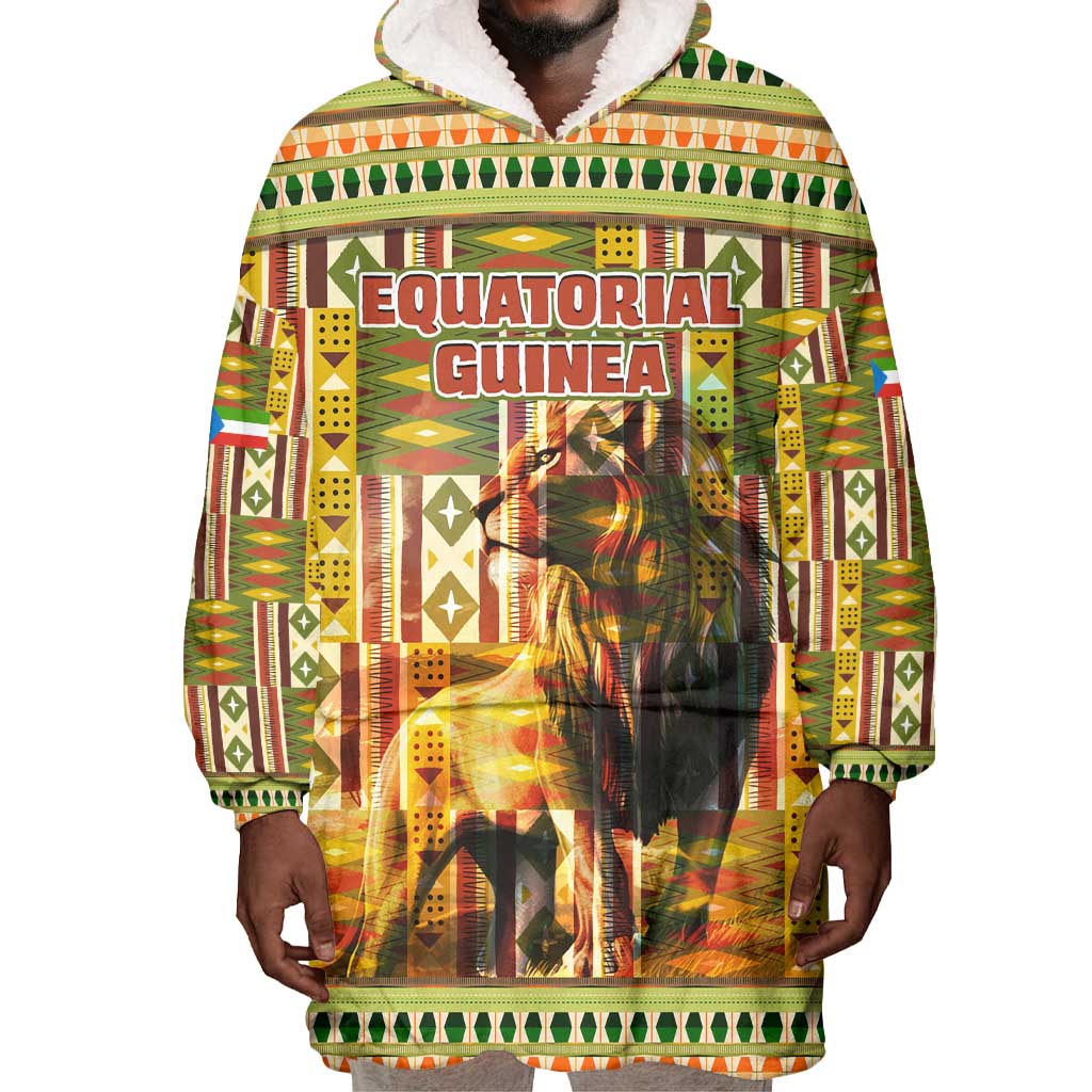 Equatorial Guinea Wearable Blanket Hoodie - Lion Print and Traditional African Kente Patterns TS04