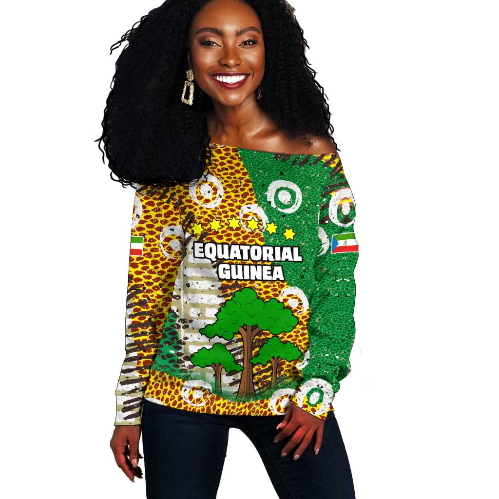 Equatorial Guinea Baobab Tree Off Shoulder Sweater - Tribal Patterns and Heritage Quote TS04