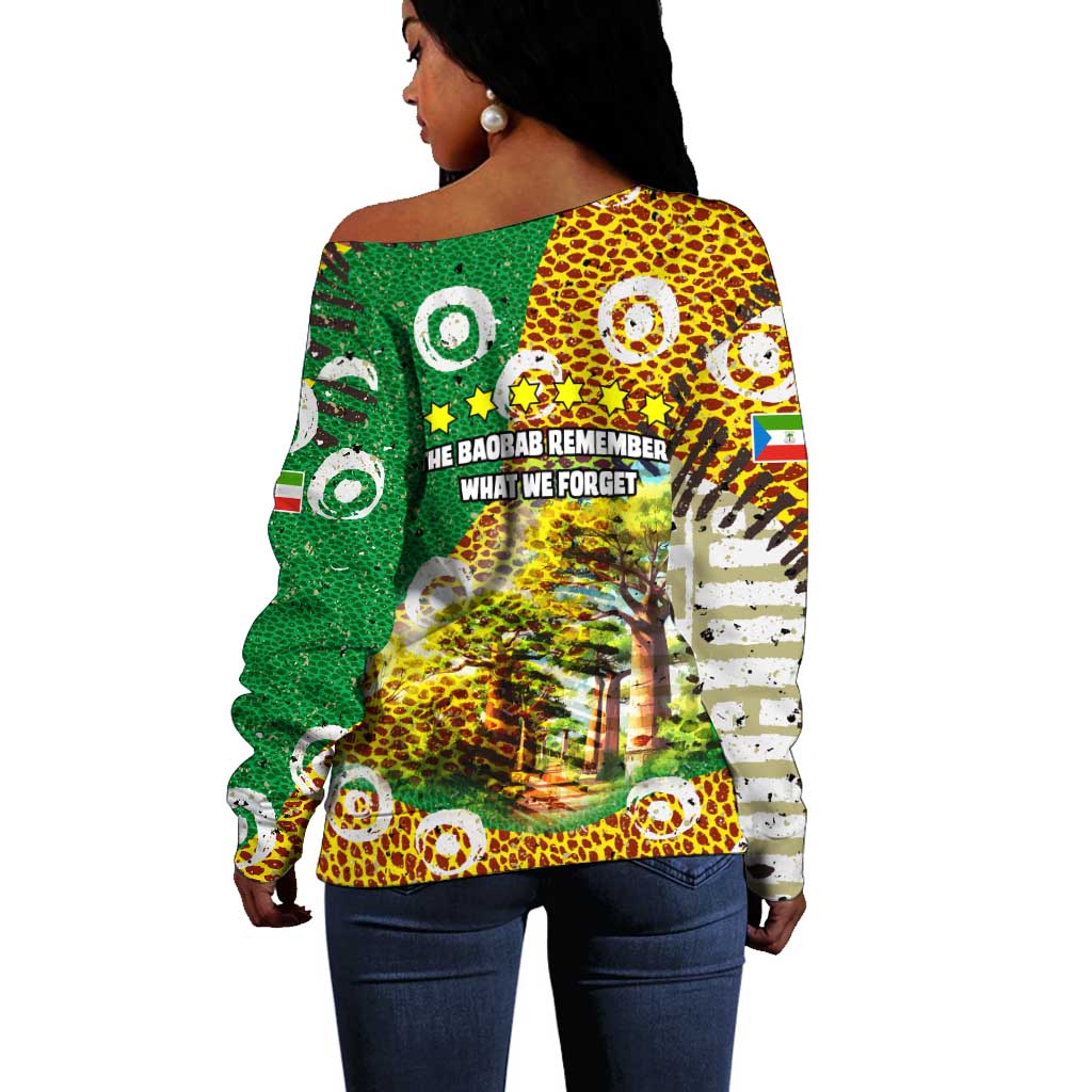 Equatorial Guinea Baobab Tree Off Shoulder Sweater - Tribal Patterns and Heritage Quote TS04