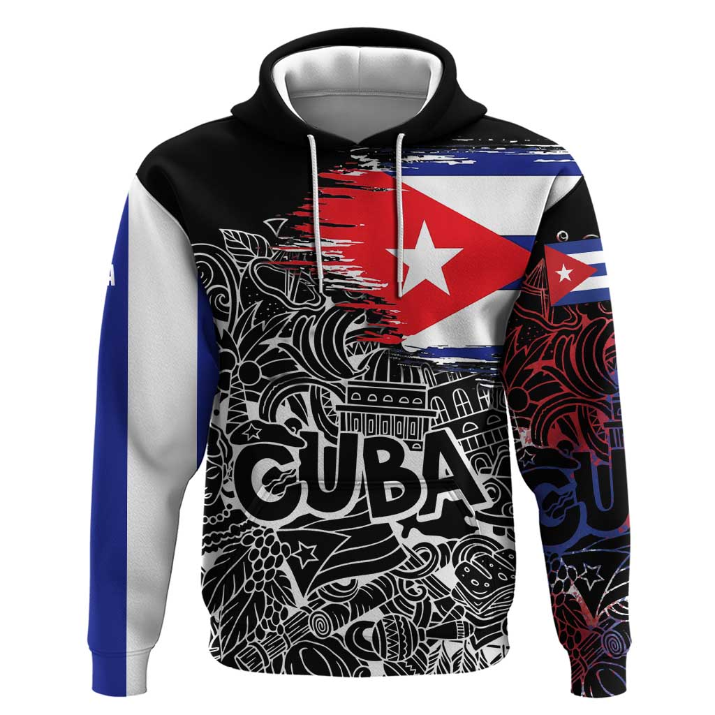 Cuba Flag Hoodie Black with Red White Blue Patriotic Graphics and Cultural Doodle Design TS04