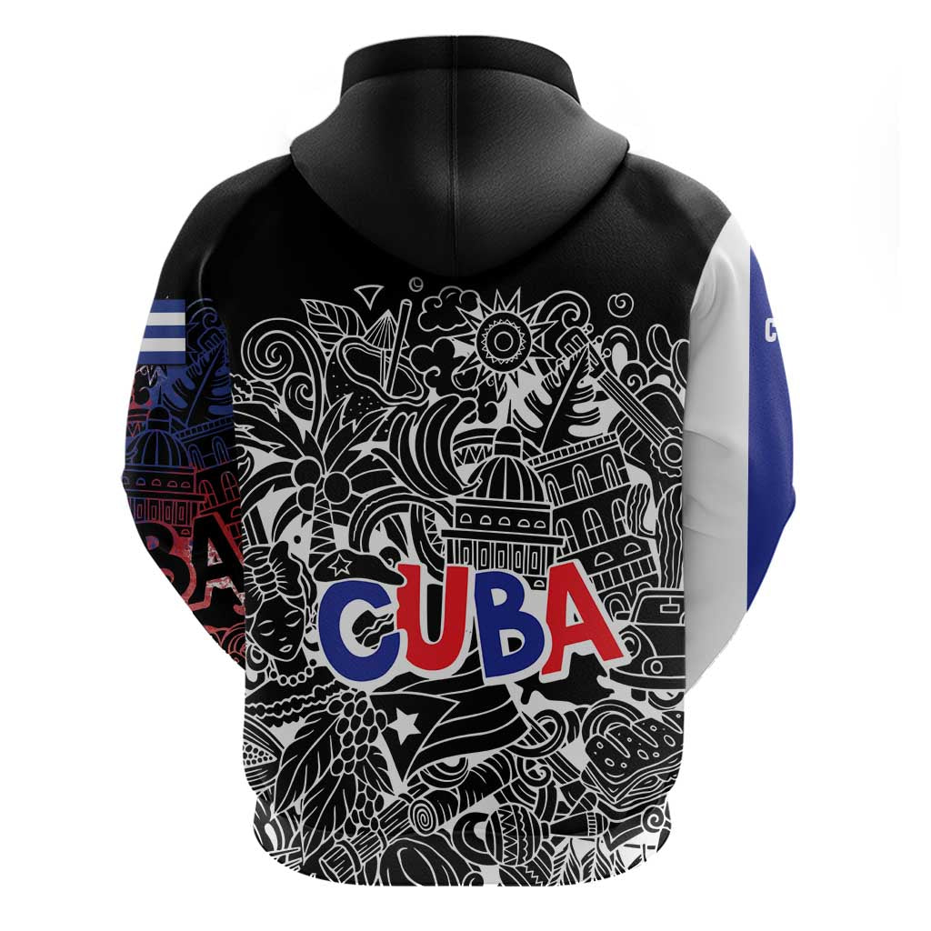 Cuba Flag Hoodie Black with Red White Blue Patriotic Graphics and Cultural Doodle Design TS04