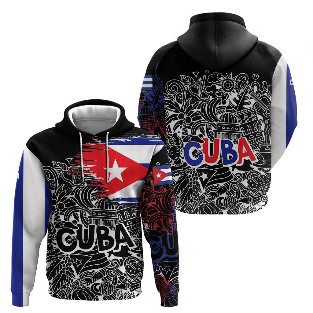 Cuba Flag Hoodie Black with Red White Blue Patriotic Graphics and Cultural Doodle Design TS04