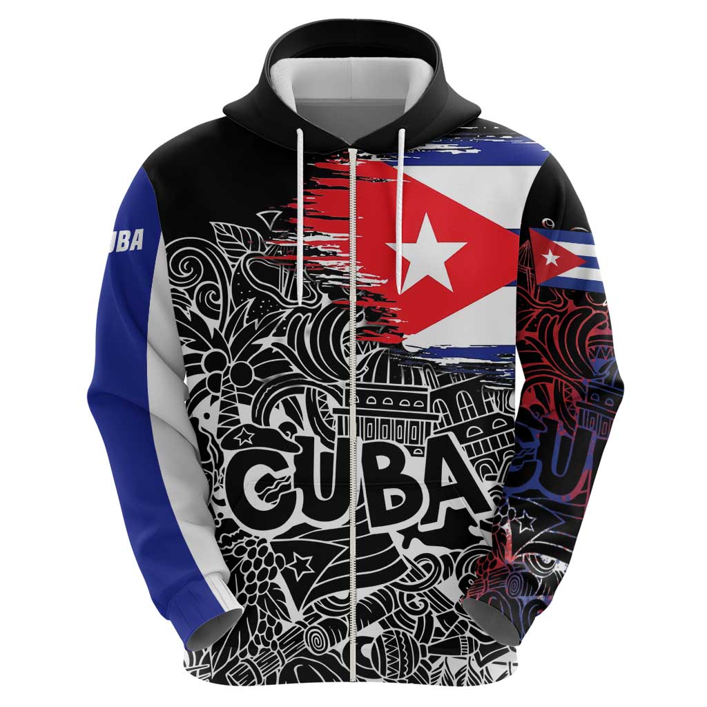 Cuba Flag Hoodie Black with Red White Blue Patriotic Graphics and Cultural Doodle Design TS04