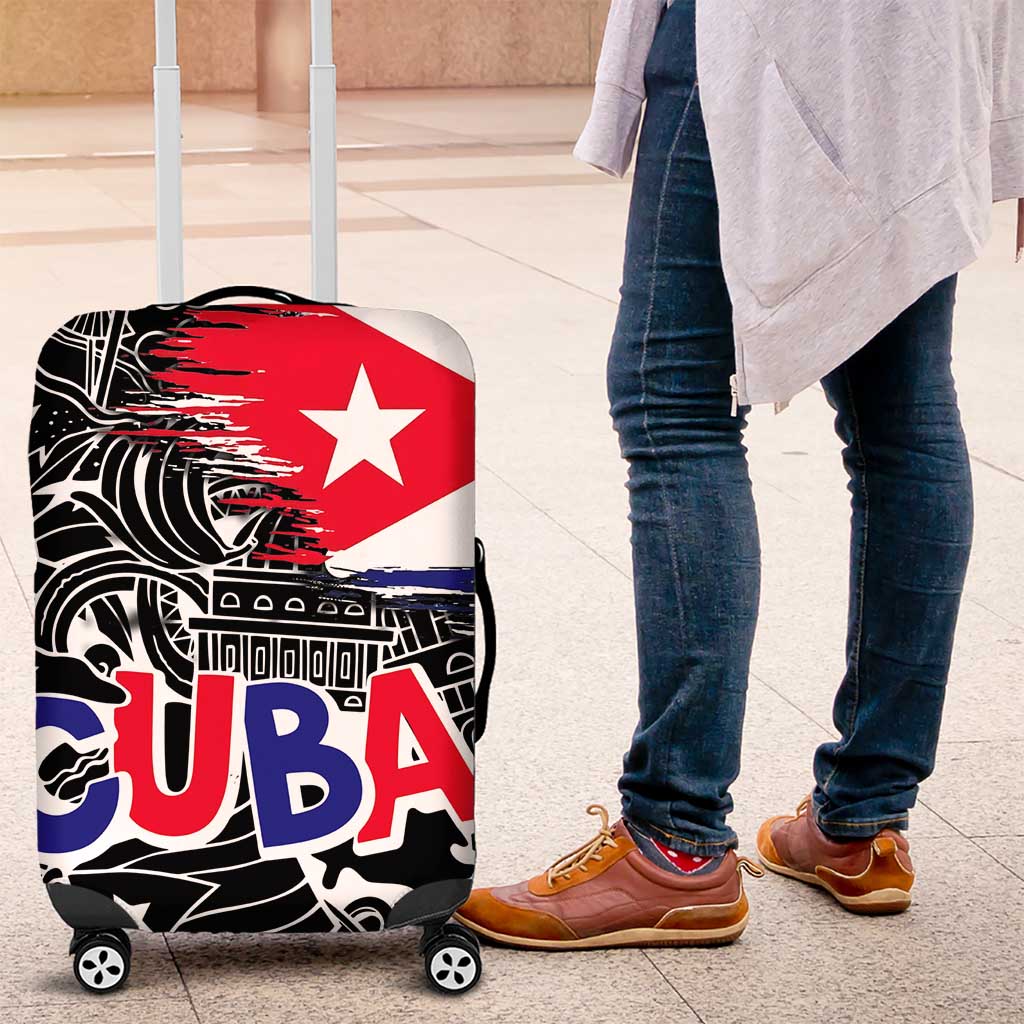 Cuba Flag Luggage Cover Black with Red White Blue Patriotic Graphics and Cultural Doodle Design TS04