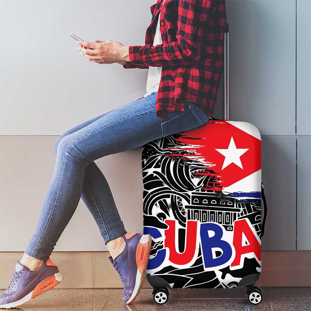 Cuba Flag Luggage Cover Black with Red White Blue Patriotic Graphics and Cultural Doodle Design TS04