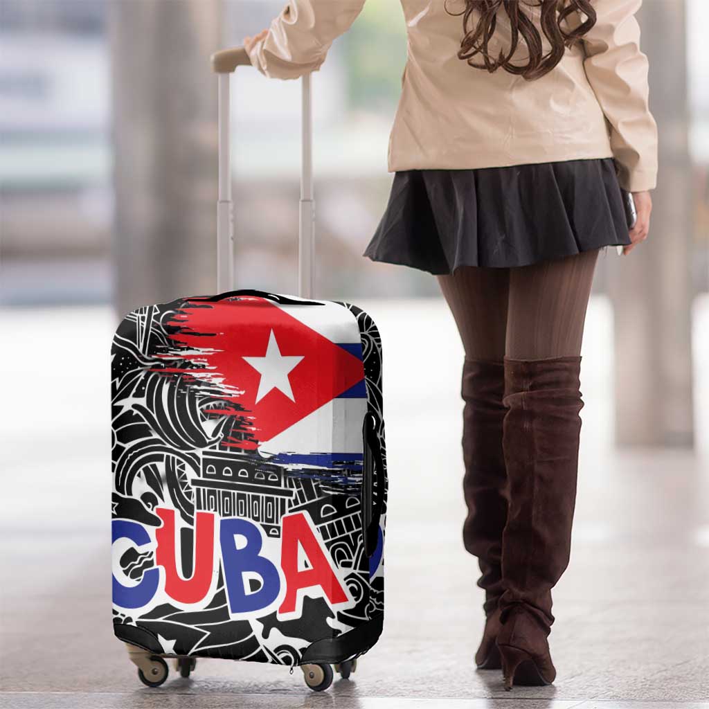 Cuba Flag Luggage Cover Black with Red White Blue Patriotic Graphics and Cultural Doodle Design TS04