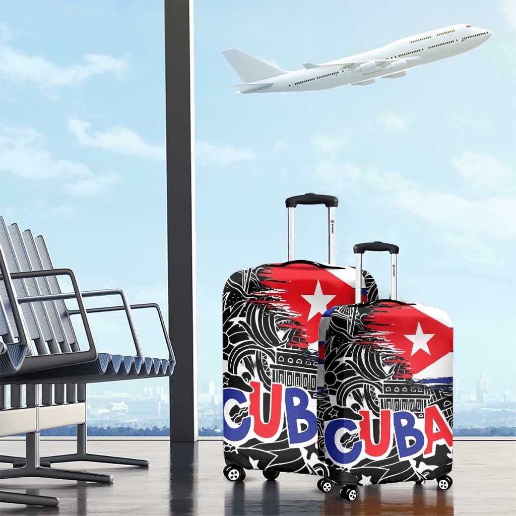 Cuba Flag Luggage Cover Black with Red White Blue Patriotic Graphics and Cultural Doodle Design TS04