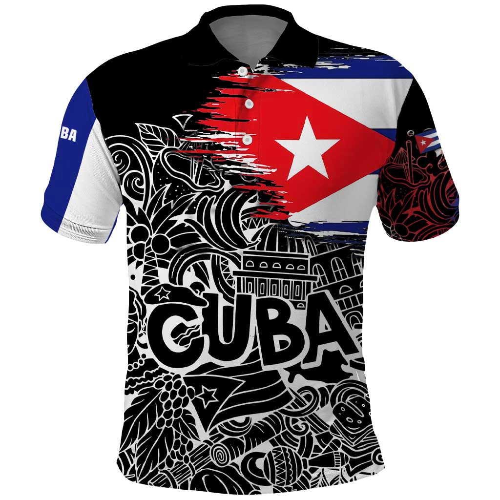 Cuba Flag Polo Shirt Black with Red White Blue Patriotic Graphics and Cultural Doodle Design TS04