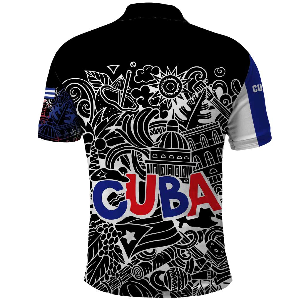 Cuba Flag Polo Shirt Black with Red White Blue Patriotic Graphics and Cultural Doodle Design TS04