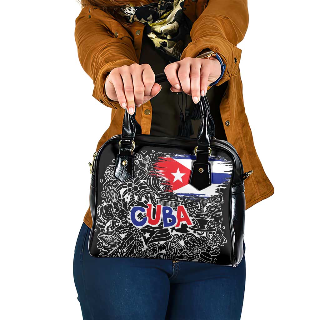 Cuba Flag Shoulder Handbag Black with Red White Blue Patriotic Graphics and Cultural Doodle Design TS04
