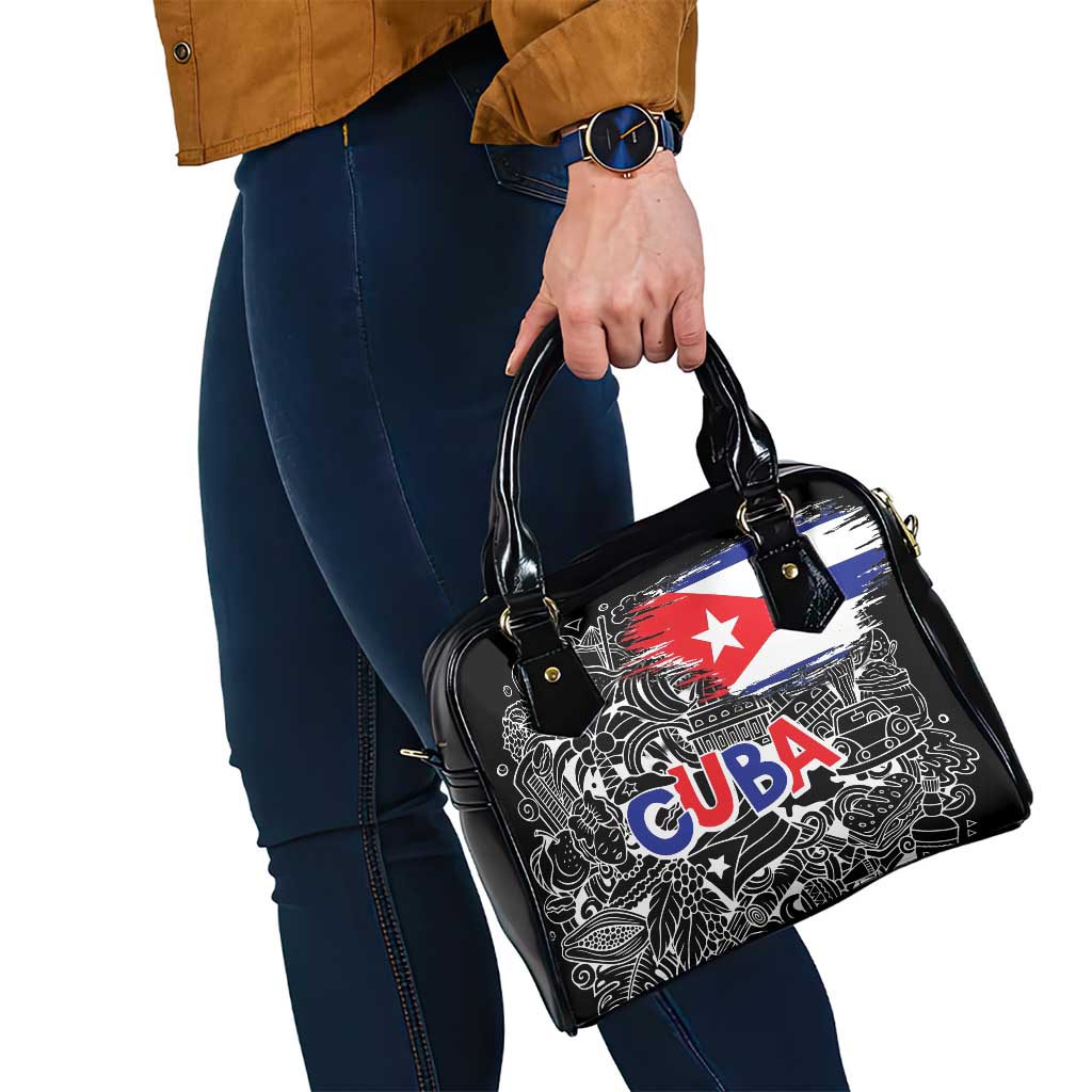 Cuba Flag Shoulder Handbag Black with Red White Blue Patriotic Graphics and Cultural Doodle Design TS04