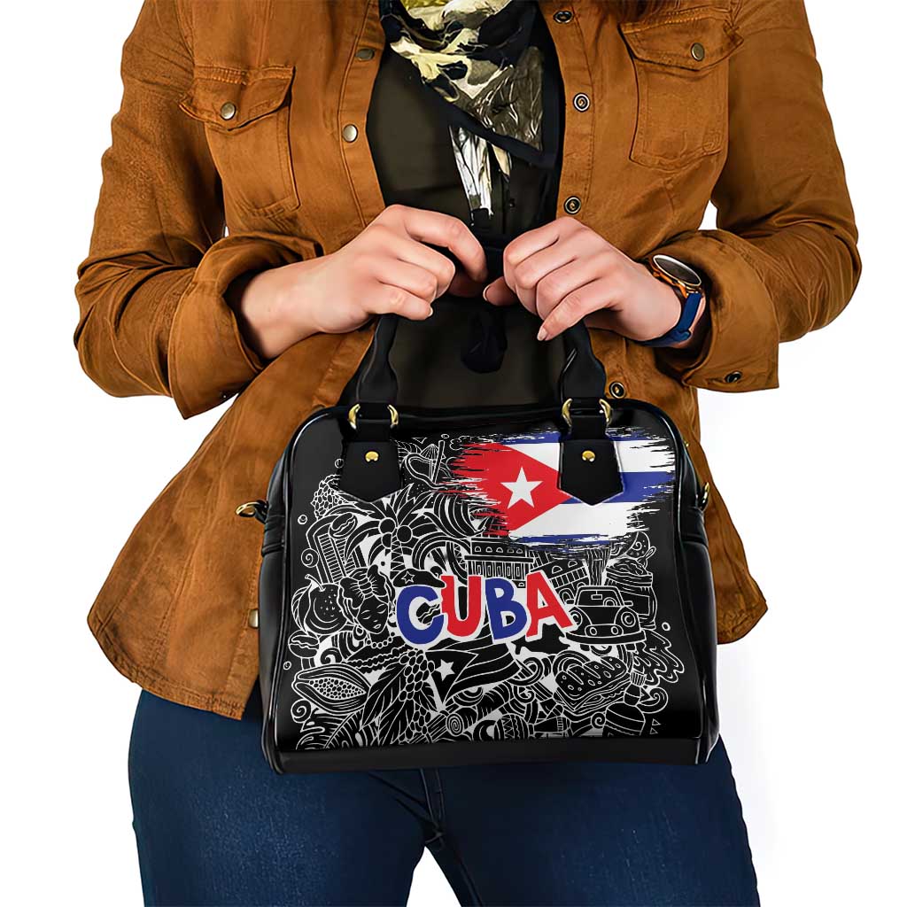 Cuba Flag Shoulder Handbag Black with Red White Blue Patriotic Graphics and Cultural Doodle Design TS04