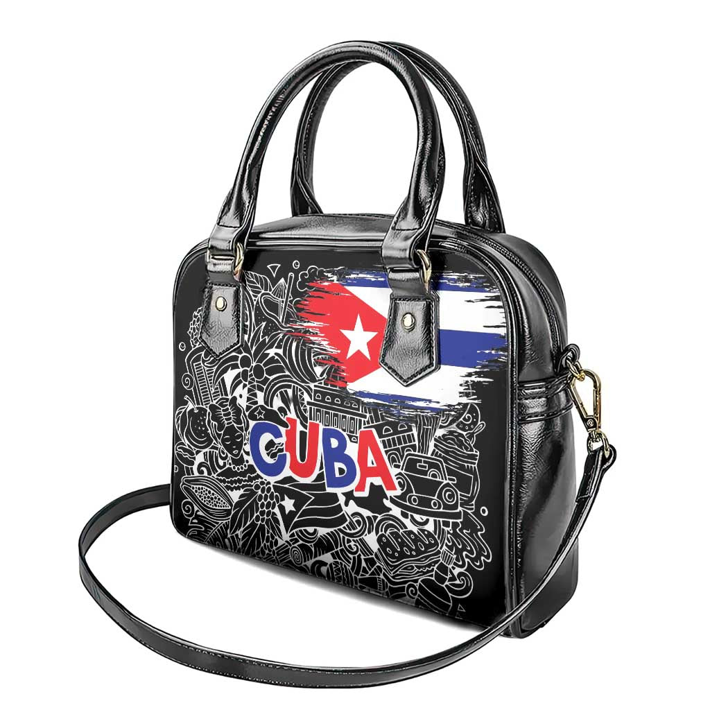 Cuba Flag Shoulder Handbag Black with Red White Blue Patriotic Graphics and Cultural Doodle Design TS04