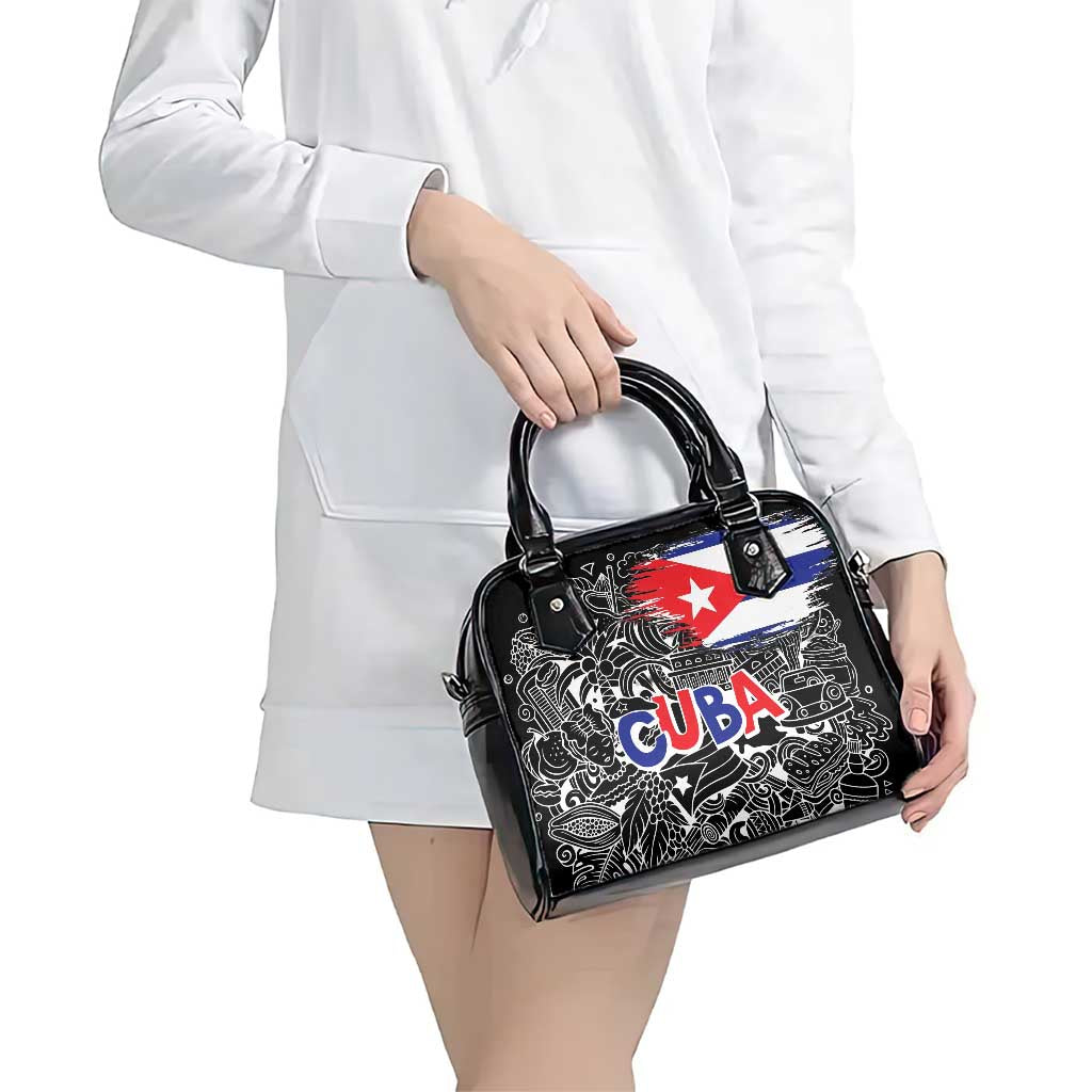 Cuba Flag Shoulder Handbag Black with Red White Blue Patriotic Graphics and Cultural Doodle Design TS04