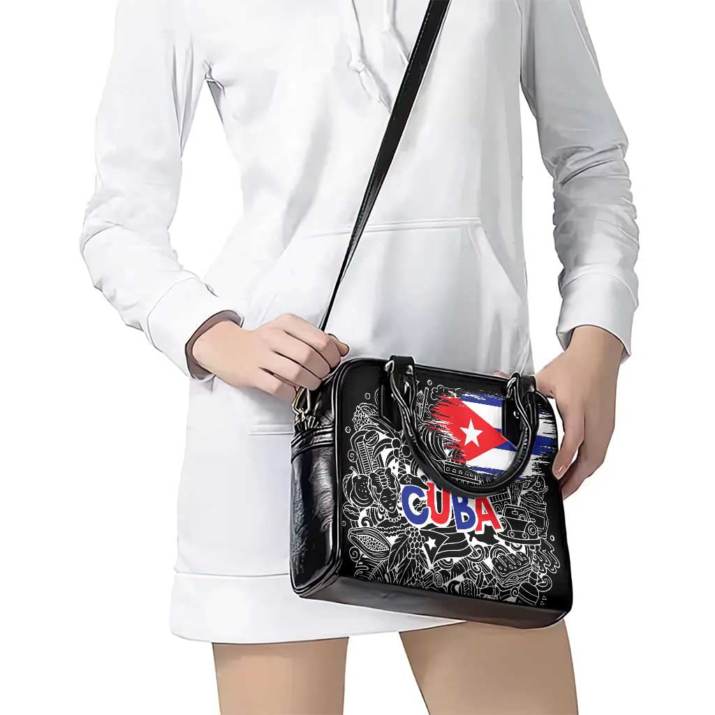 Cuba Flag Shoulder Handbag Black with Red White Blue Patriotic Graphics and Cultural Doodle Design TS04