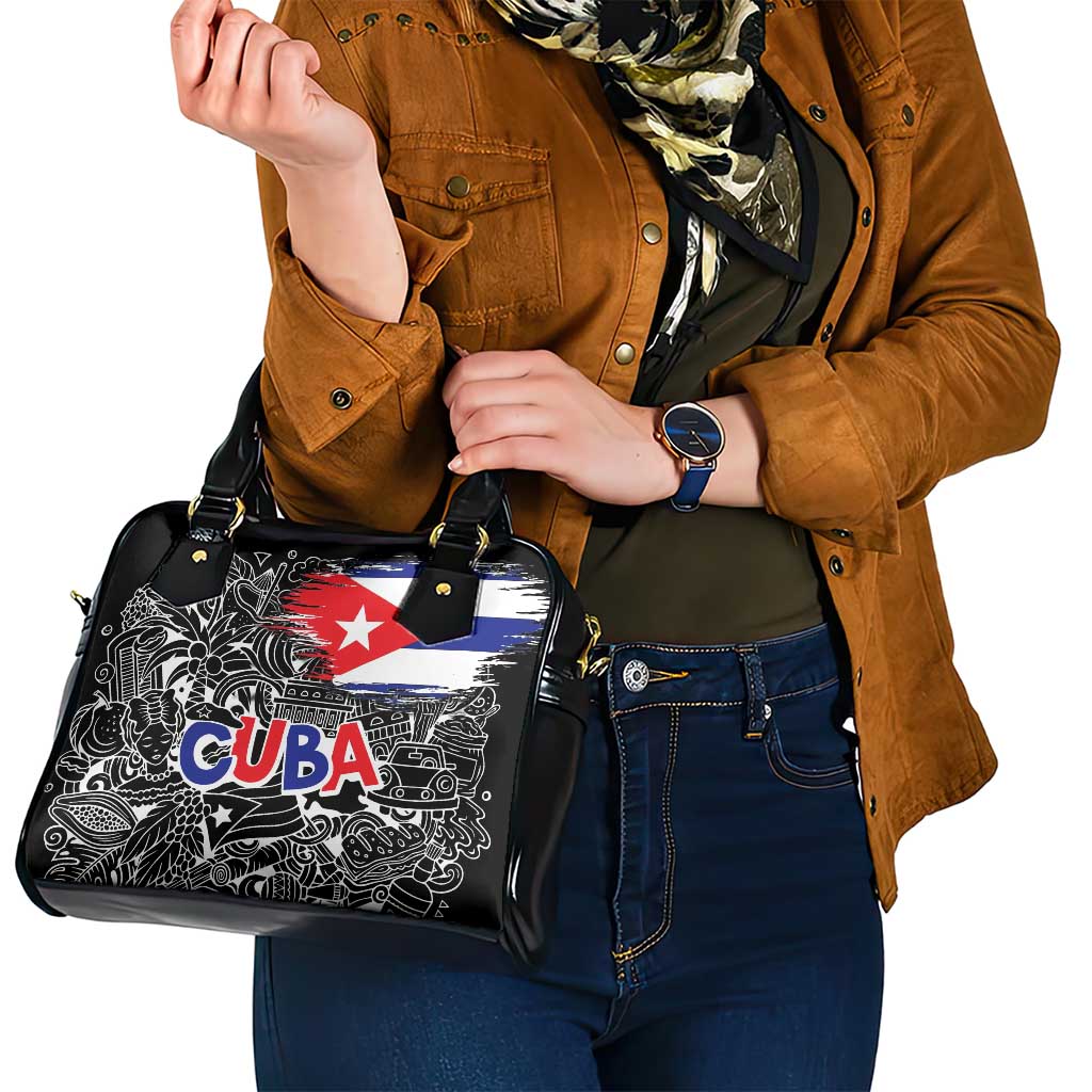 Cuba Flag Shoulder Handbag Black with Red White Blue Patriotic Graphics and Cultural Doodle Design TS04