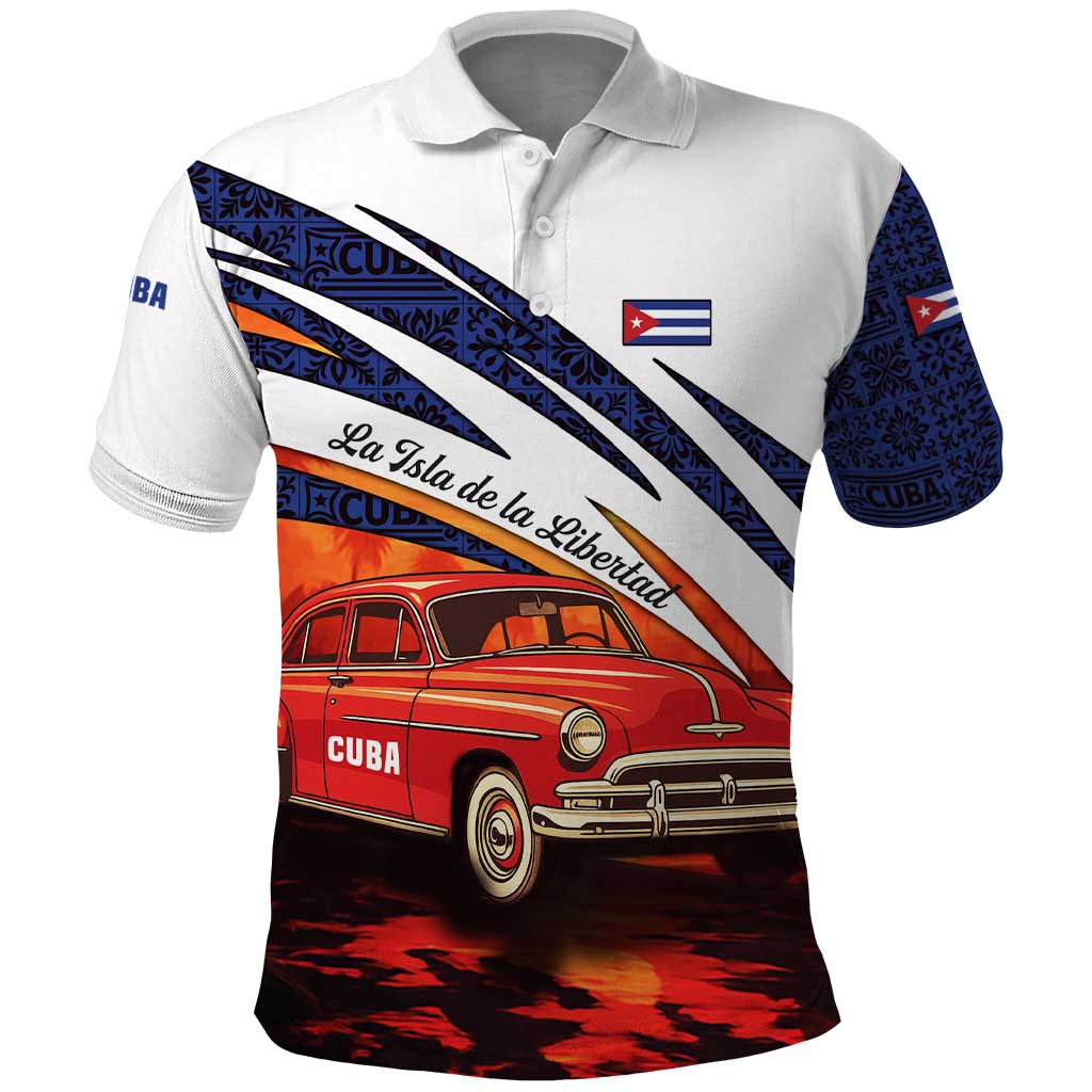 Cuba Classic Car Polo Shirt La Isla de la Libertad Red Vintage Auto with Cuban Flag Design TS04