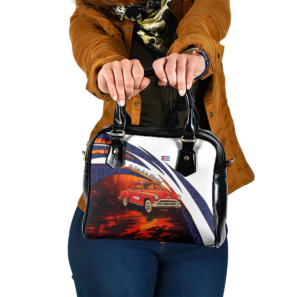 Cuba Classic Car Shoulder Handbag La Isla de la Libertad Red Vintage Auto with Cuban Flag Design TS04