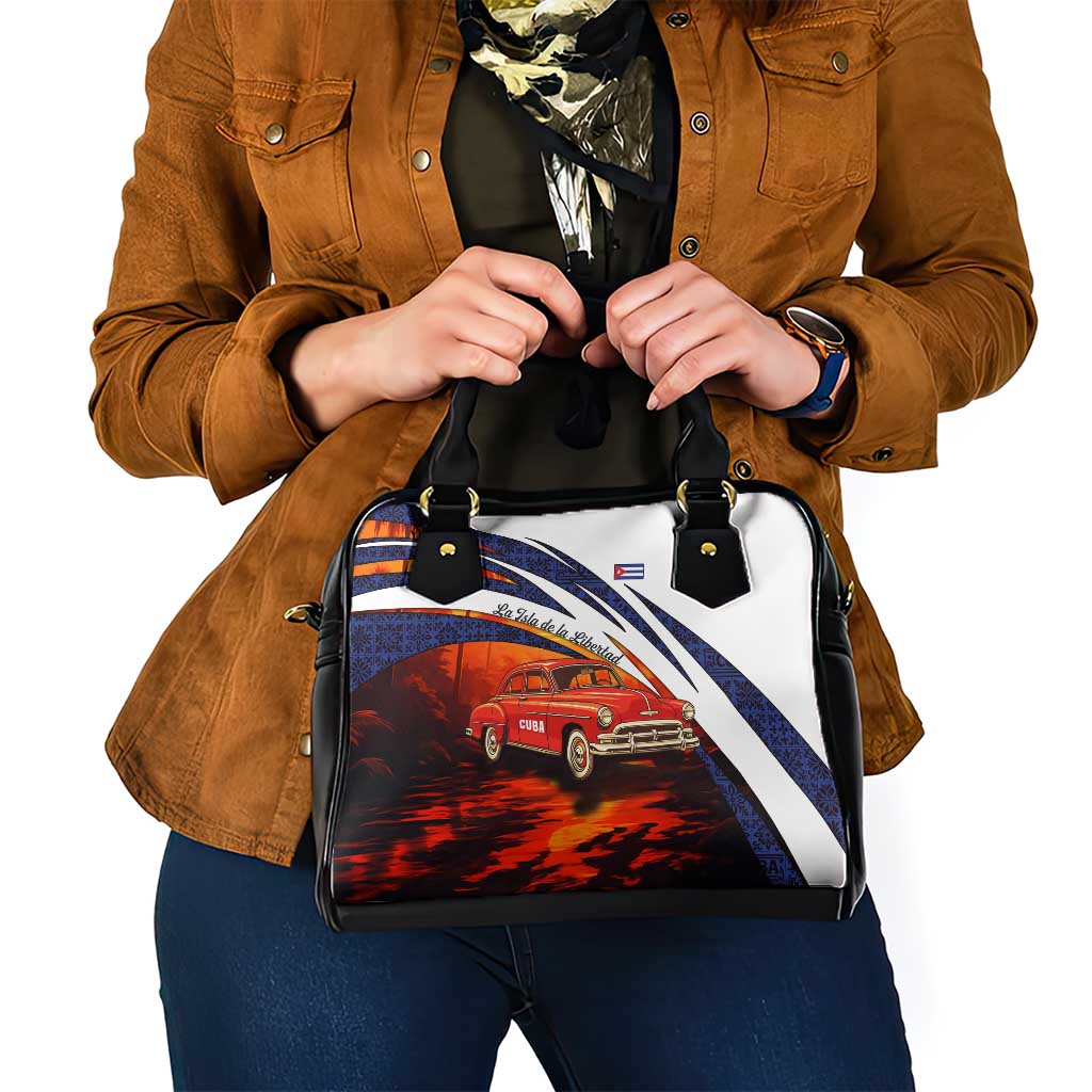 Cuba Classic Car Shoulder Handbag La Isla de la Libertad Red Vintage Auto with Cuban Flag Design TS04