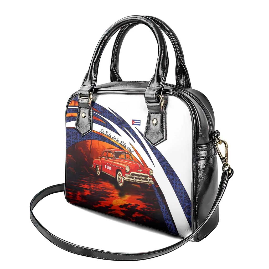 Cuba Classic Car Shoulder Handbag La Isla de la Libertad Red Vintage Auto with Cuban Flag Design TS04