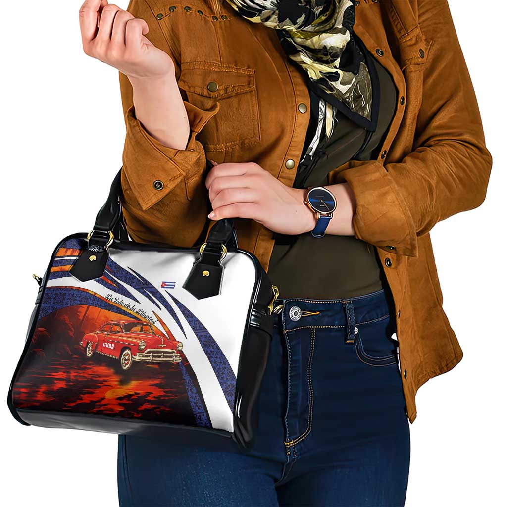 Cuba Classic Car Shoulder Handbag La Isla de la Libertad Red Vintage Auto with Cuban Flag Design TS04