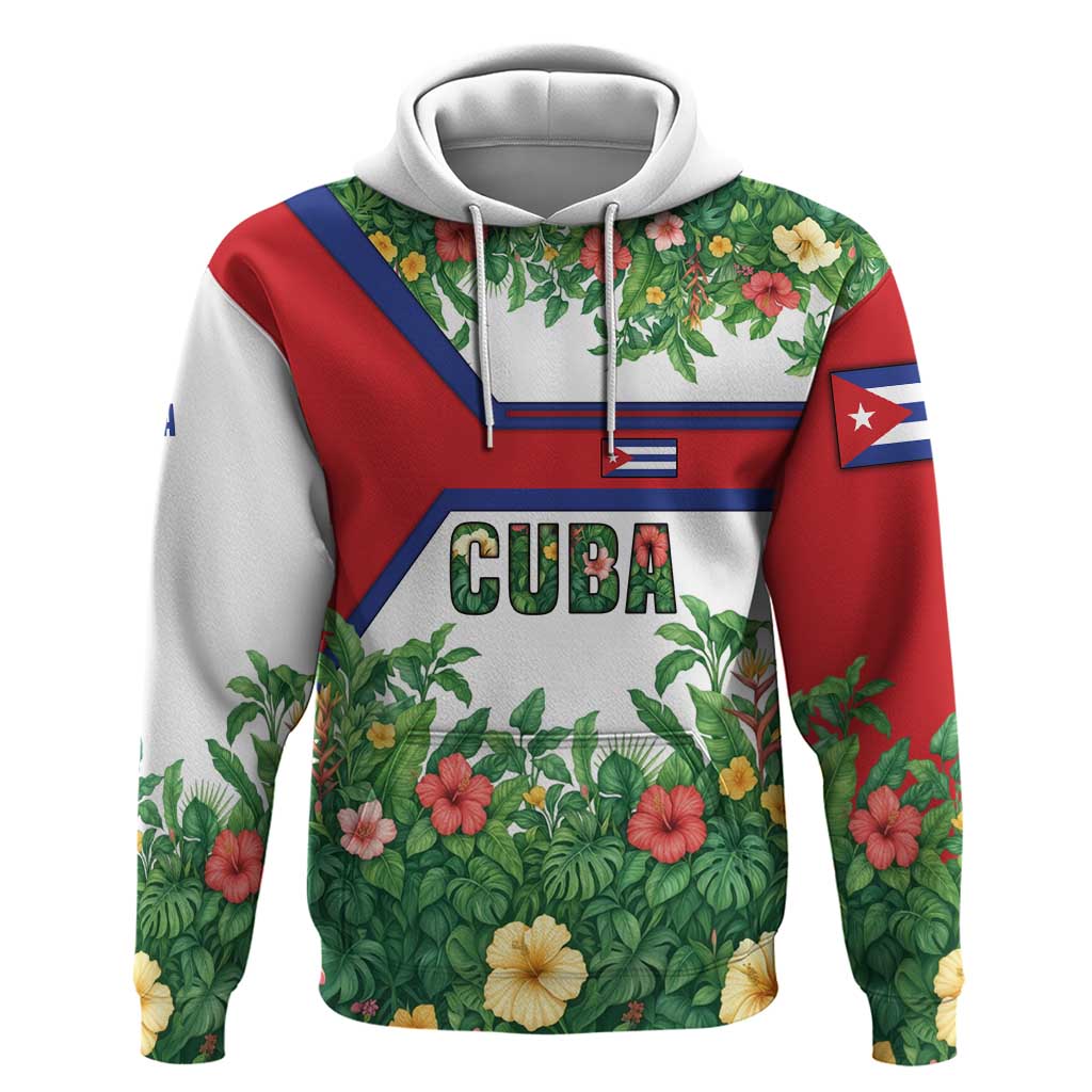 Cuba Floral Hoodie Tropical Flower Design with Cuban Flag and Cuba en Flor Script TS04