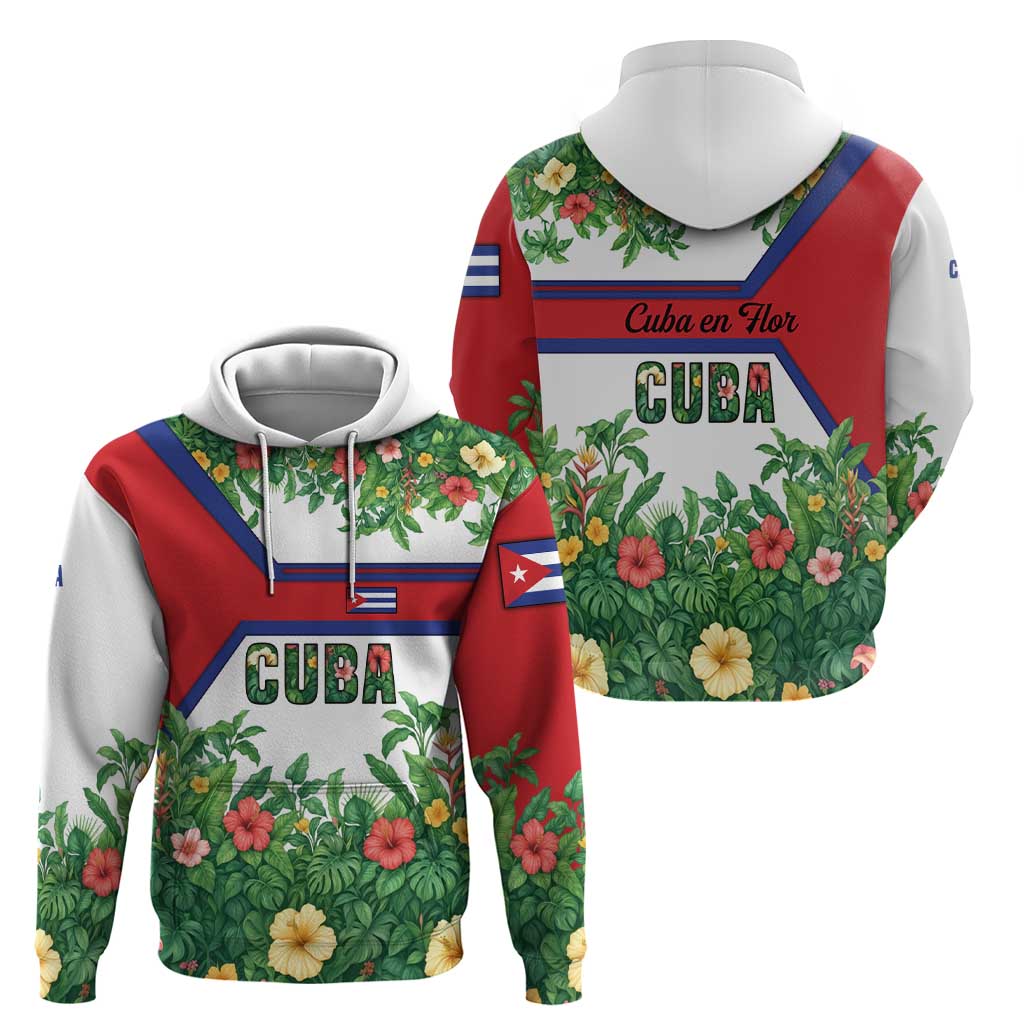 Cuba Floral Hoodie Tropical Flower Design with Cuban Flag and Cuba en Flor Script TS04