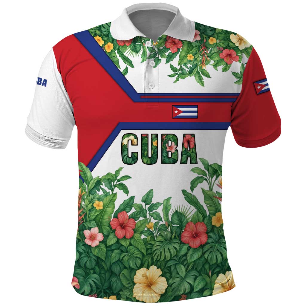 Cuba Floral Polo Shirt Tropical Flower Design with Cuban Flag and Cuba en Flor Script TS04