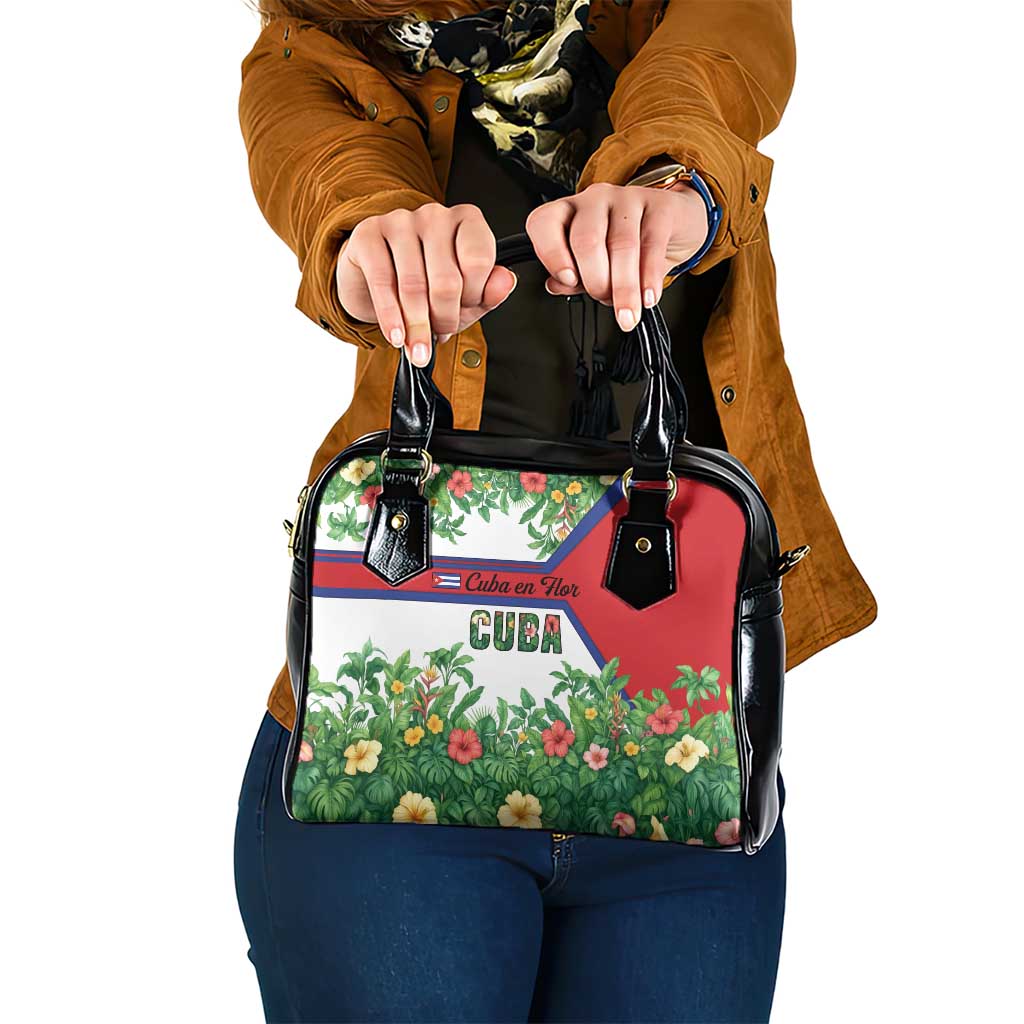Cuba Floral Shoulder Handbag Tropical Flower Design with Cuban Flag and Cuba en Flor Script TS04