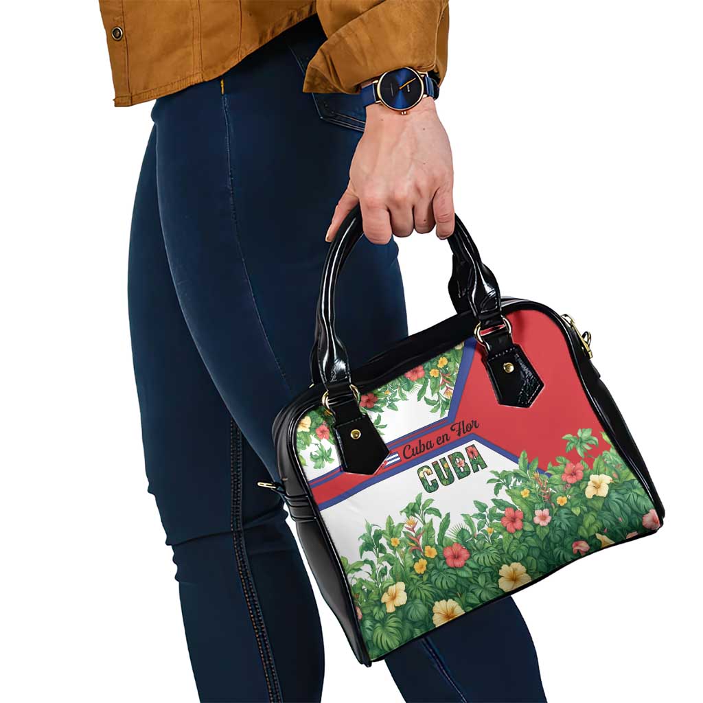 Cuba Floral Shoulder Handbag Tropical Flower Design with Cuban Flag and Cuba en Flor Script TS04