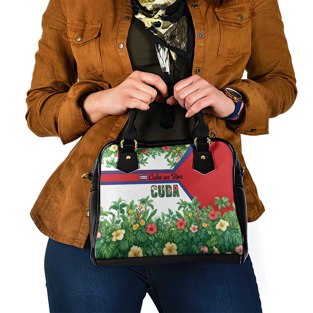 Cuba Floral Shoulder Handbag Tropical Flower Design with Cuban Flag and Cuba en Flor Script TS04
